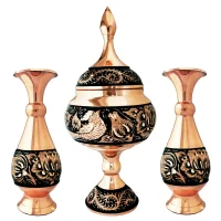 ست 3 تکه گلدان و شکلات خوری مسی مدل الماس تراش al-104
