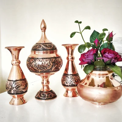 ست 3 تکه گلدان و شکلات خوری مسی مدل الماس تراش al-104 - تصویر 3